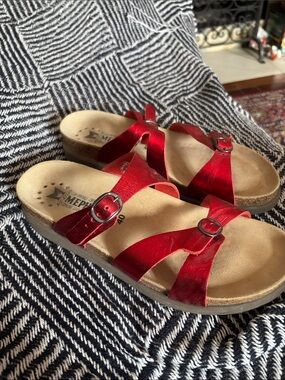 Mephisto Red Metallic Strappy Slide Sandal